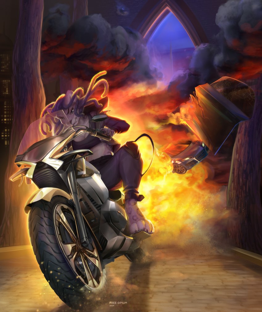 anthro archway bridge car city destruction dreadlocks driving escaping explosion female fire motorcycle night pillar rock smoke solo sunset vehicle vehicle_destruction wreckage free-opium legend_of_ahya natalia_ruyemov_(darkflamewolf) domestic_cat felid feline felis leopard mammal pantherine snow_leopard 2024 absurd_res hi_res