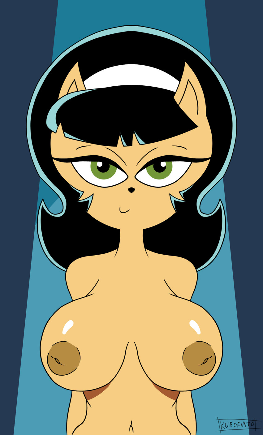 anthro big_breasts black_hair black_nose breasts brown_body brown_fur brown_nipples female fur green_eyes hair long_hair nipples puffy_nipples smile solo kurofipito nickelodeon t.u.f.f._puppy kitty_katswell domestic_cat felid feline felis mammal hi_res