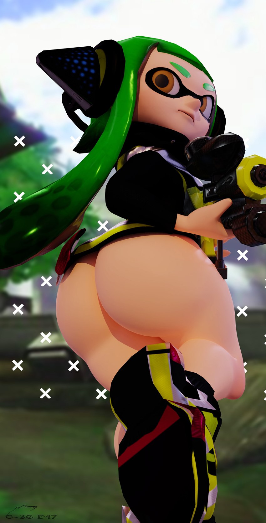 big_butt blurred_background brown_eyes butt clothing female footwear green_hair hair headgear headwear hero_shot huge_butt looking_back pseudo_hair shoes solo splattershot tentacle_hair tentacles weapon geodat64 nintendo splatoon agent_3_(splatoon) animal_humanoid cephalopod cephalopod_humanoid humanoid inkling marine marine_humanoid mollusk mollusk_humanoid 2022 3d_(artwork) absurd_res digital_media_(artwork) hi_res