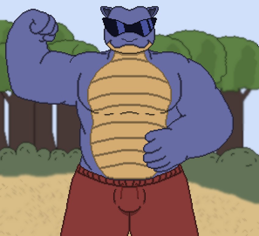 anthro barazoku big_bulge big_pecs blue_body blue_skin bottomwear bulge clothed clothing eyewear flexing flexing_bicep forest hand_on_belly male pecs plant shell-less shorts slightly_chubby slightly_chubby_male smile solo sunglasses topless tree toridiaz nintendo pokemon blastoise generation_1_pokemon humanoid pokemon_(species) digital_media_(artwork) hi_res pixel_(artwork)