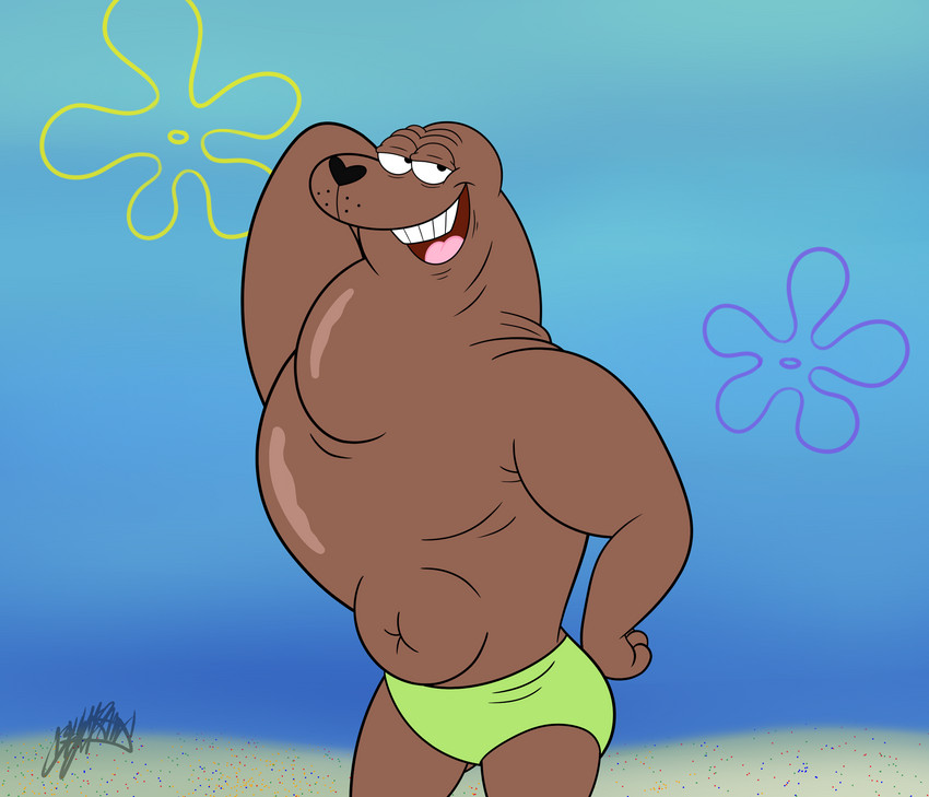 anthro beach clothing flower flower_cloud_(spongebob) goo_lagoon green_clothing green_swimwear male male_anthro outside plant pose sand seaside solo swimwear tan_body benjipaws nickelodeon spongebob_squarepants craig_mammalton mammal marine pinniped seal 2020 hi_res