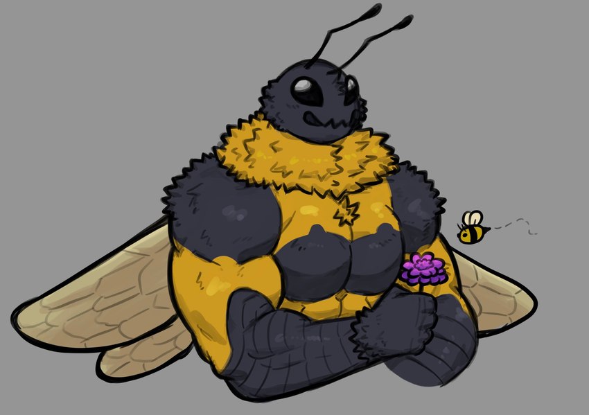 antennae_(anatomy) anthro biceps black_body black_skin flower male muscular muscular_anthro muscular_male neck_tuft plant solo tuft wings yellow_body yellow_skin dynogreeno arthropod bee hymenopteran insect hi_res