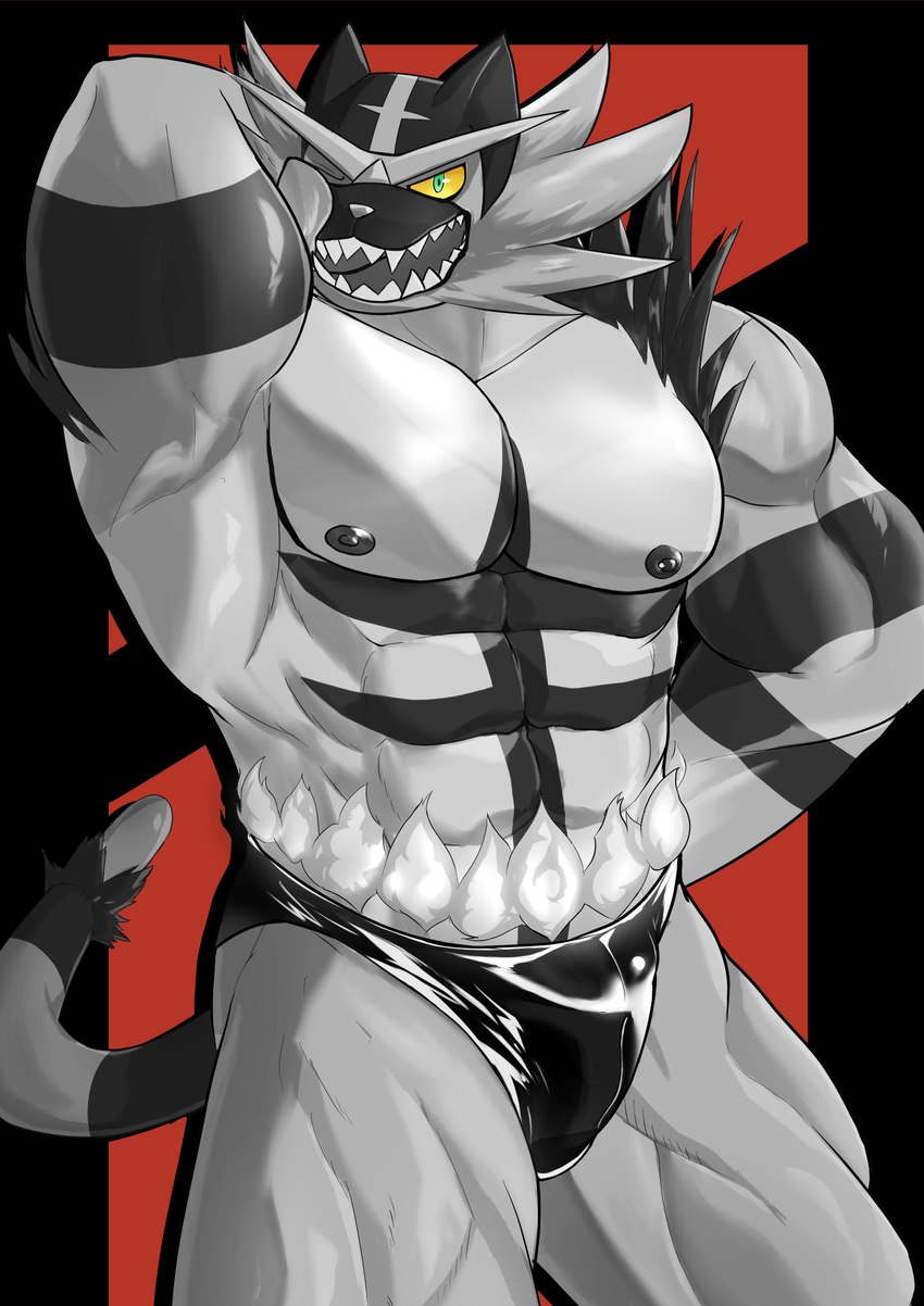 abs anthro biceps biped eyebrows green_eyes hand_behind_head licking male muscular muscular_anthro muscular_male muscular_thighs nipples one_eye_closed open_mouth pecs self_lick solo thick_eyebrows tongue yellow_sclera caproicyuhki nintendo pokemon generation_7_pokemon incineroar pokemon_(species) 2022 hi_res partially_colored