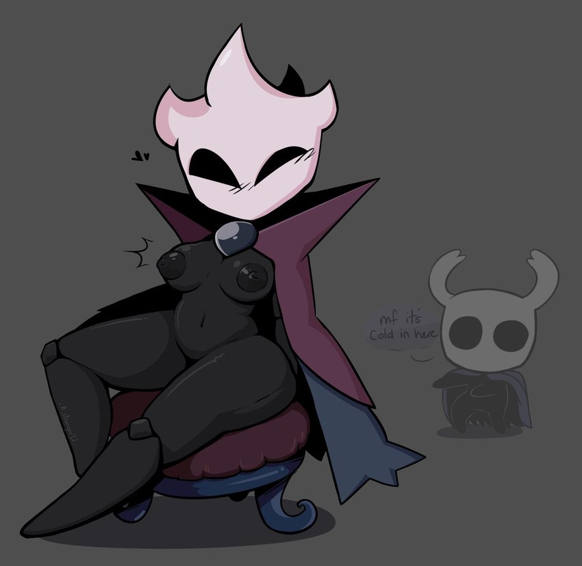 2_horns anthro belly black_body black_nipples blush breasts cape cape_only chair cloak clothed clothing dialogue duo female furniture heart_symbol hollow_eyes horn looking_at_viewer mostly_nude navel nipples non-mammal_breasts sitting_on_stool stool text thick_thighs a_stranger12 hollow_knight team_cherry eternal_emilitia_(hollow_knight) the_knight_(hollow_knight) arthropod vessel_(species) english_text signature