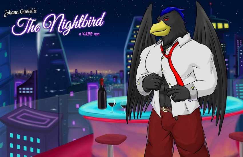 anthro city cityscape clothing high_place male muscular muscular_male night rooftop smile solo suit wine_bottle vju79 jokann_gaviel_(vju79) avian koel hi_res