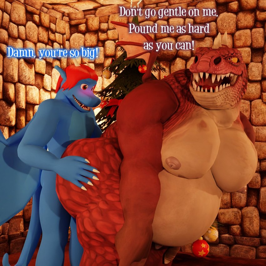 anthro anthro_on_anthro anthro_penetrated anthro_penetrating anthro_penetrating_anthro belly big_belly big_butt big_pecs blue_body blue_scales blush butt carpet christmas_tree dialogue duo hair hand_on_butt hand_on_knee hand_on_leg holidays horn inside larger_male larger_penetrated looking_at_another looking_at_partner looking_back looking_back_at_another looking_back_at_partner male male/male male_penetrated male_penetrating male_penetrating_male musclegut muscular muscular_anthro muscular_male nipples pecs penetration plant power_bottom red_body red_eyes red_hair red_scales scales sex size_difference small_dom_big_sub small_top_big_bottom smaller_male standing tail tan_body tan_scales text tree wall_(structure) wings yellow_eyes albalbalb christmas giana_sisters mythology alby_(albalbalb) gurglewocky_(giana_sisters) dragon mythological_creature mythological_scalie scalie 1:1 2022 3d_(artwork) digital_media_(artwork) english_text hi_res