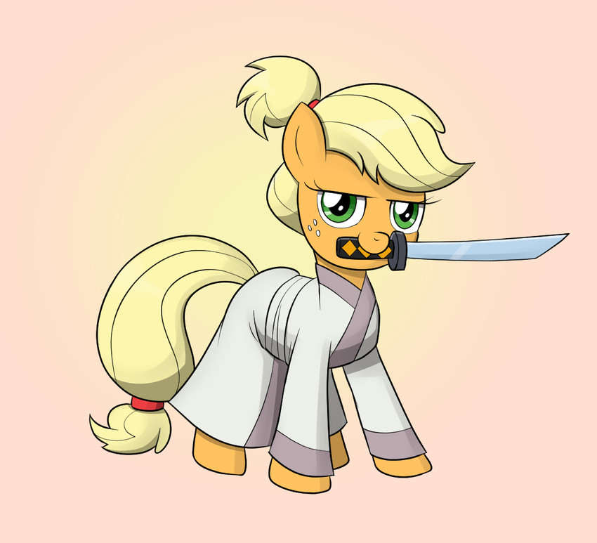 asian_clothing blonde_mane clothing east_asian_clothing female feral freckles fur green_eyes japanese_clothing katana kimono looking_at_viewer mane melee_weapon orange_body orange_fur samurai solo sword sword_in_mouth tail warrior weapon yellow_tail mew-me friendship_is_magic hasbro my_little_pony samurai_jack applejack_(mlp) samurai_jack_(character) earth_pony equid equine horse mammal pony crossover