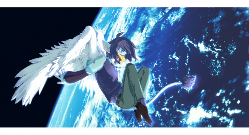 anthro beak belt biped blue_eyes clothing detailed_background earth feathered_wings feathers floating male outside planet solo space spacescape tail wings tokonatu mythology utau rito_toouta avian bird gryphon mythological_avian mythological_creature absurd_res hi_res letterbox