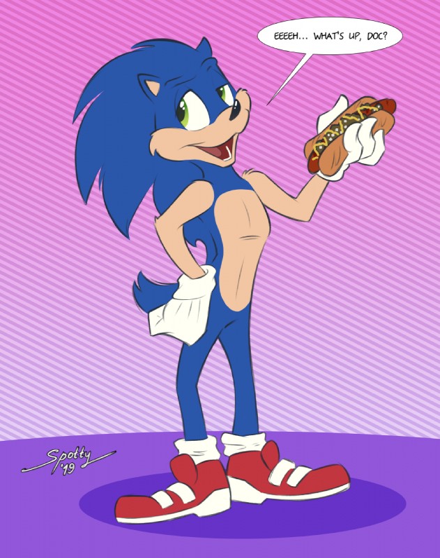 anthro biped chilli_dog clothing dialogue food footwear gloves green_eyes handwear hot_dog male shoes solo text spotty_the_cheetah sega sonic_the_hedgehog_(series) sonic_the_hedgehog eulipotyphlan hedgehog mammal 2019 english_text hi_res