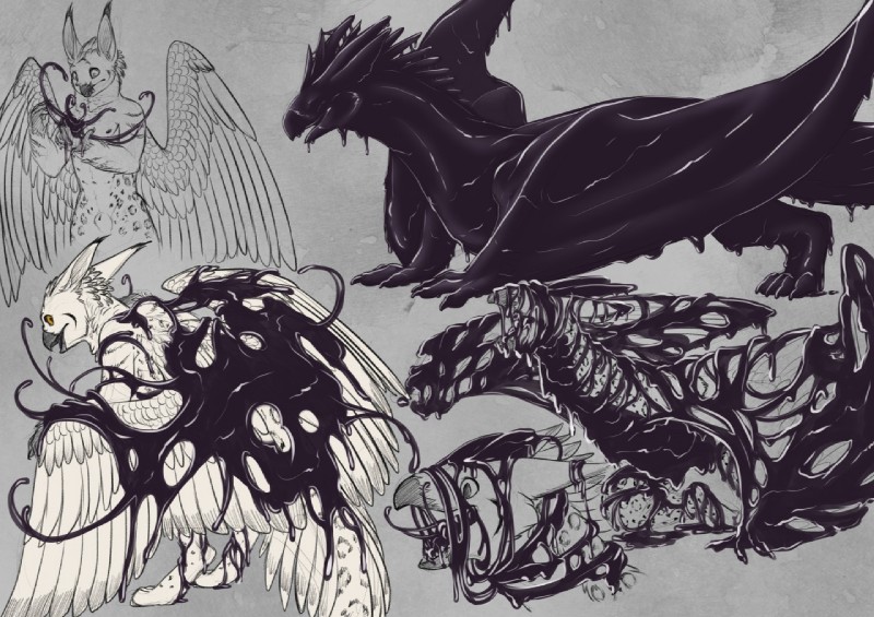 4_toes 8_nipples animal_genitalia anthro anthro_to_feral beak black_beak black_body black_fur black_horn black_skin black_spots black_stripes bound claws curved_horn eyes_closed feathered_wings feathers feet feral folded_wings fully_sheathed fur genitals goo_transformation grey_background group holding_object horn kneeling latex looking_back male membrane_(anatomy) membranous_wings multi_nipple nipples open_beak open_mouth quadruped sheath simple_background smooth_horn spikes spots spread_wings standing stripes tail tentacles toe_claws toes transformation transformation_sequence white_body white_feathers white_fur wings yellow_eyes yaroul european_mythology mythology gibbs_(onom) avian bird dragon felid feline gryphon horned_owl hybrid leopard living_latex lynx mammal mythological_avian mythological_creature mythological_scalie owl pantherine scalie snow_leopard snowy_owl symbiote true_owl western_dragon wyvern 2018 digital_drawing_(artwork) digital_media_(artwork) sequence sketch