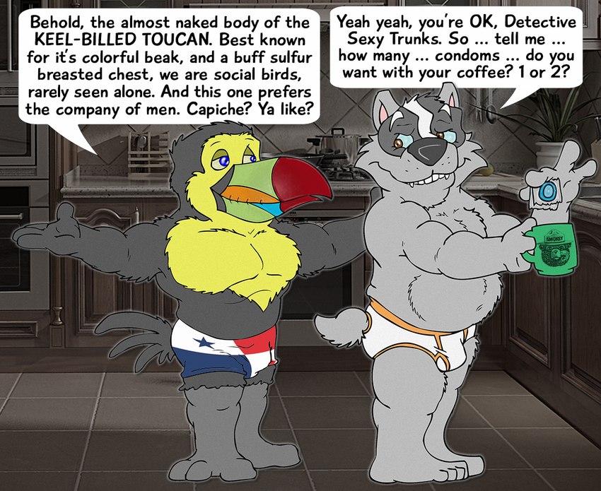 anthro barefoot beak black_body black_fur blue_eyes blue_sclera boxers_(clothing) boxers_only briefs briefs_only brown_eyes bulge clothed clothing coffee_cup colored_seam_underwear condom container cup dialogue duo feet fur grey_body grey_fur holding_condom holding_container holding_cup holding_object inside kitchen lorenzo_del_bosque male male/male multicolored_beak multicolored_boxers multicolored_clothing multicolored_underwear orange_seam_briefs orange_seam_underwear panamanian_flag sexual_barrier_device sharp_teeth smile speech_bubble teeth teeth_showing text tighty_whities topless underwear underwear_only white_body white_briefs white_clothing white_fur white_underwear brucebadger united_states_forest_service bruce_(brucebadger) smokey_bear smokey_the_bear avian badger bird mammal mustelid musteline toucan english_text