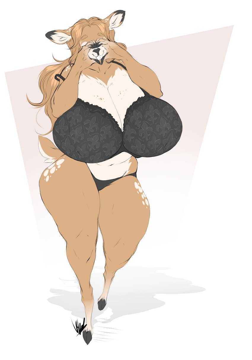 anthro big_breasts big_butt breasts brown_body buckteeth butt clothing eyes_closed female fleur-de-lis freckles frilly frilly_clothing frilly_underwear gesture hair heart_gesture hooves huge_breasts huge_thighs lingerie long_hair simple_background smile snout solo spots teeth thick_thighs underwear dullvivid fiona_fawnbags_(dullvivid) deer mammal absurd_res hi_res