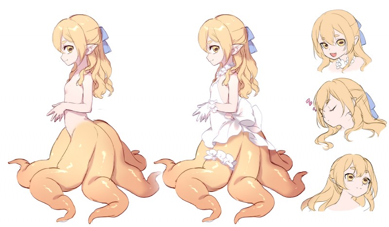 blonde_hair breasts female hair humanoid_pointy_ears looking_at_viewer pointy_ears ribbons small_breasts smile solo split_form yellow_eyes kyuritizu animal_humanoid cecaelia cephalopod cephalopod_humanoid humanoid marine marine_humanoid merfolk mollusk mollusk_humanoid