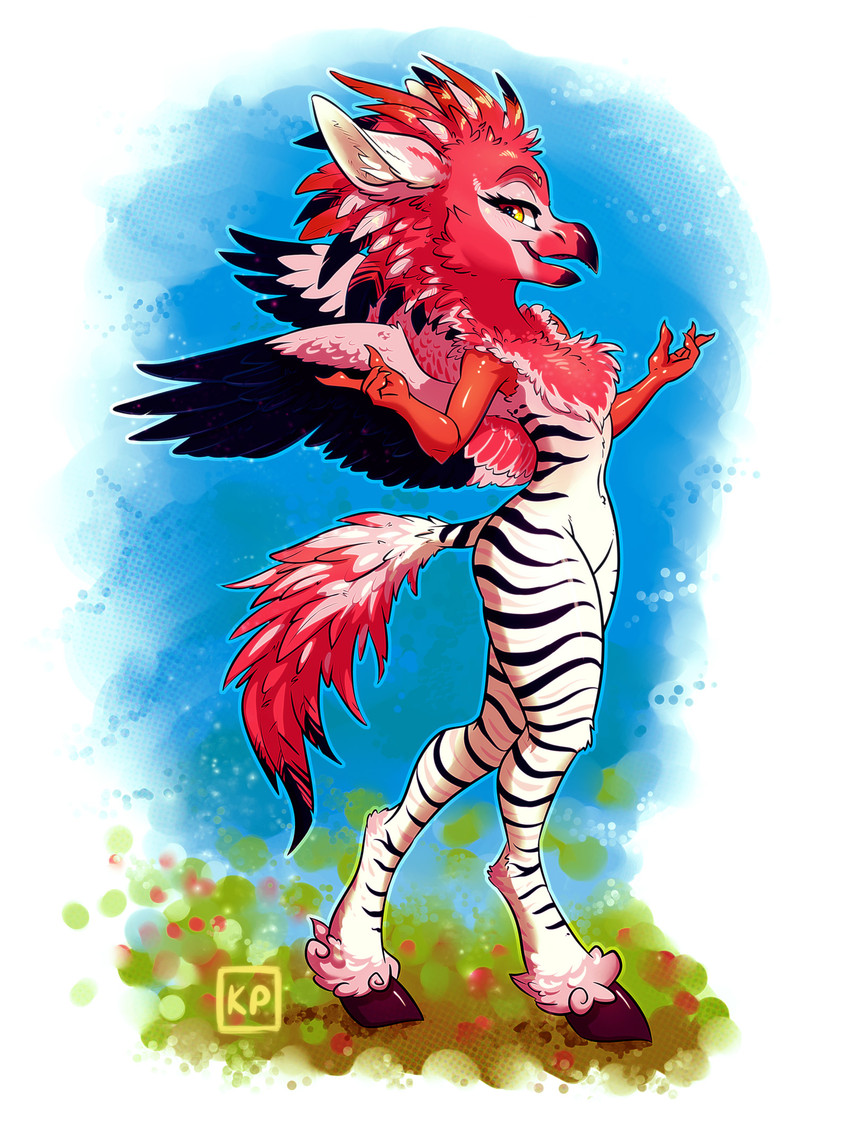 5_fingers amber_eyes anthro beak eyebrows eyelashes feathers female fingers fur hooves red_body red_feathers striped_body striped_fur stripes karol_pawlinski european_mythology greek_mythology mythology avian hippogriff mythological_avian mythological_creature 2020 digital_media_(artwork) hi_res