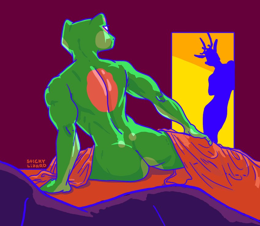 bed bedding blanket caught_in_the_act femboy furniture hookup male muscular muscular_male roommate heckfrog fan_character sticky_(heckfrog) amphibian deer frog mammal