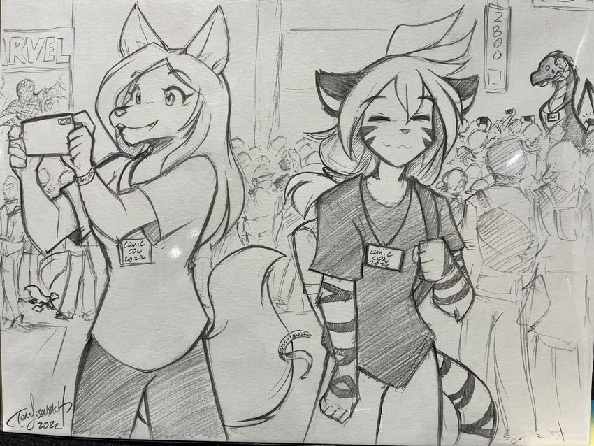 anthro camera cellphone clothed clothing comic_con convention convention_badge crowd detailed_background duo_focus electronics eyes_closed female feral fur group holding_camera holding_object holding_phone horn interspecies open_mouth open_smile phone size_difference smartphone smile striped_body striped_fur stripes tired conditional_dnp tom_fischbach mythology twokinds flora_(twokinds) madam_reni_(twokinds) naoki_(kameloh) canid canine canis dragon felid mammal mythological_creature mythological_scalie pantherine scalie tiger wolf 2022 4:3 graphite_(artwork) hi_res monochrome signature sketch traditional_media_(artwork)