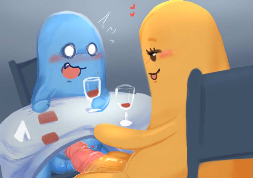 bean big_penis blue_body blush container cup date dinner drinking_glass duo frottage genitals glass glass_container glass_cup male male/male not_furry orange_body penile penis penis_rubbing romantic romantic_couple sex under_table wine_glass gloomyyummi dumb_ways_to_die dwtd dunce_(dwtd) ninny_(dwtd) hi_res