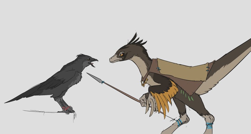 ambiguous_gender anklet arm_feathers avian_feet beak black_body black_feathers brown_body brown_feathers claws clothed clothing duo feathered_wings feathers feral head_feathers jewelry leg_jewelry melee_weapon necklace open_mouth partially_clothed polearm simple_background size_difference spear tail tail_feathers tribal weapon wings afallenwolf avian bird corvid corvus_(genus) crow dinosaur dromaeosaurid feathered_dinosaur feathered_scalie oscine passerine prehistoric_species reptile scalie theropod hi_res