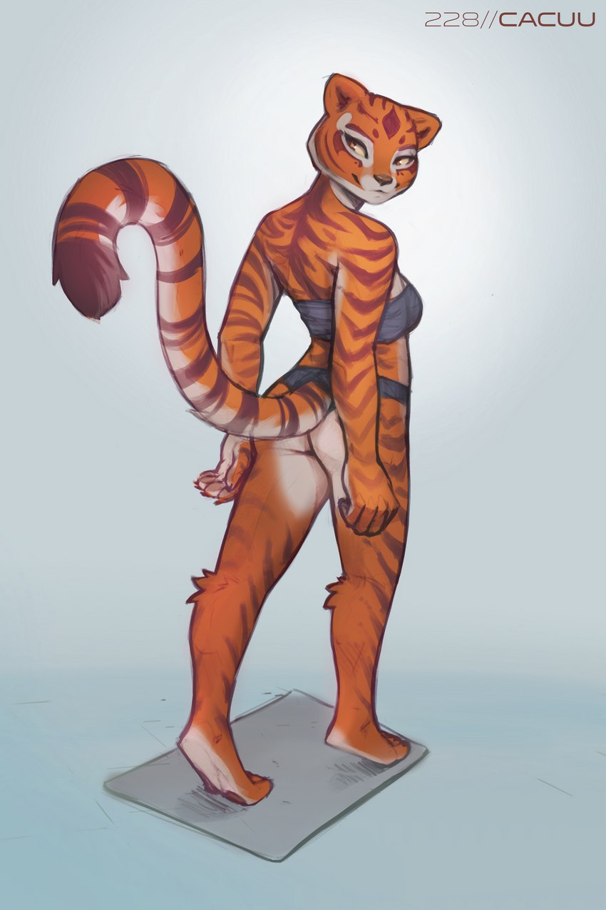 anthro chest_wraps clothing facial_markings female hands_behind_back head_markings looking_back markings orange_eyes pawpads pose rear_view simple_background smile solo stripes tiptoes tuft underwear wraps yellow_sclera cacuu dreamworks kung_fu_panda master_tigress felid mammal pantherine tiger 2:3 absurd_res hi_res