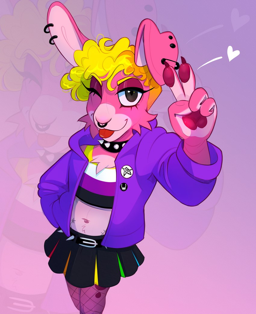 ambiguous_gender anatomically_inaccurate anatomically_inaccurate_pawpads anthro belt blonde_hair bottomwear cheek_tuft clothed clothing crop_top ear_piercing ear_ring facial_piercing facial_tuft female floppy_ears fur gesture hair hand_gesture heart_symbol hoodie miniskirt multicolored_body multicolored_fur nose_piercing nose_ring one_eye_closed open_clothing open_hoodie open_topwear pawpads paws piercing pink_body pink_fur red_pawpads ring_piercing shirt skirt solo spiked_belt spikes topwear tuft two_tone_body two_tone_fur v_sign wink heresvix lagomorph leporid mammal rabbit hi_res nonbinary_(lore)