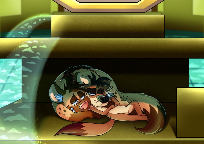 anthro black_nose brown_body brown_ears brown_fur brown_hair brown_spots brown_tail canon_x_oc cuffs_(clothing) duo eye_contact fountain fur green_eyes hair half-closed_eyes hand_on_belly hand_on_own_stomach looking_at_another lying lying_on_another lying_on_ground male markings multicolored_body multicolored_fur narrowed_eyes on_back on_ground pink_nose smile spots spotted_body spotted_fur tail tan_body tan_fur tan_tail two_tone_tail water wire 8-bit-britt crystal_dynamics whiplash_(game) fan_character spanx_(whiplash) hyena long-tailed_weasel mammal mustelid musteline true_musteline weasel 2020 digital_media_(artwork) hi_res