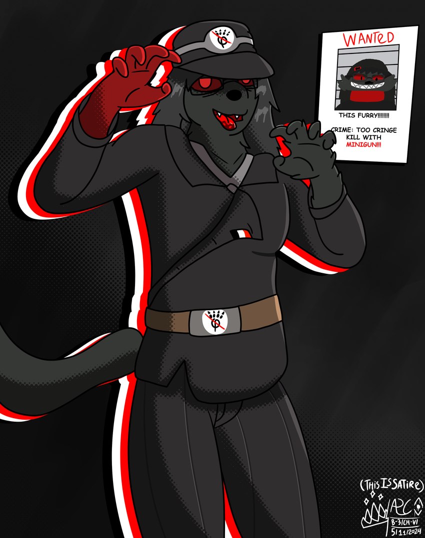 anthro anti_furry black_body black_clothing black_fur black_hair black_nose bodily_fluids claw_pose clothing eyewear fur glasses hair hat headgear headwear long_hair male red_eyes saliva saliva_on_tongue satire simple_background solo tail text tongue tongue_out wanted_poster secretagentarc li_(secretagentarc) canid canine fox mammal 2024 absurd_res digital_drawing_(artwork) digital_media_(artwork) english_text hi_res meme shaded watermark