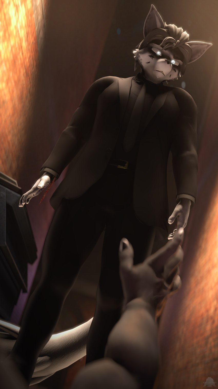 anthro belt black_clothing black_suit blood blurred_foreground bodily_fluids bow_tie brick_wall cheek_tuft clothed clothing dumpster duo facial_tuft fur glowing glowing_eyes grey_body grey_eyes grey_fur hair hidden_blade looking_at_viewer male reaching_forward standing suit tuft wall_(structure) conditional_dnp domibun warfare_machine kanagawa_(domibun) canid canine fox mammal 3d_(artwork) 4k 9:16 absurd_res digital_media_(artwork) hi_res source_filmmaker_(artwork)