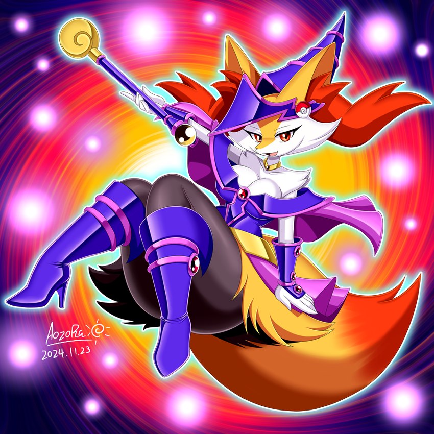 anthro big_ears black_body black_fur breasts clothed clothing detailed_background female fur holding_object inner_ear_fluff plantigrade red_eyes solo thick_thighs tuft white_body white_fur yellow_body yellow_fur aozora_(tasogare_aozora) nintendo pokemon yu-gi-oh! dark_magician_girl braixen canid canine duel_monster generation_6_pokemon mammal pokemon_(species) 1:1