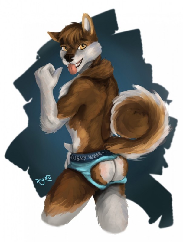 anthro butt clothing fangs looking_at_viewer looking_back male mostly_nude simple_background smile solo teeth tongue tongue_out underwear dognextdoor canid canine canis domestic_dog mammal hi_res