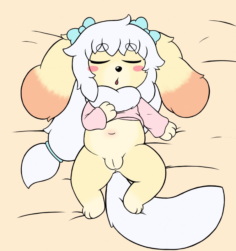 anthro bed blush bow_(feature) clothed clothing female furniture genitals loli navel pussy sleeping solo young young_anthro sirbrownbear mei_(sirbrownbear) canid canine canis domestic_dog mammal hi_res