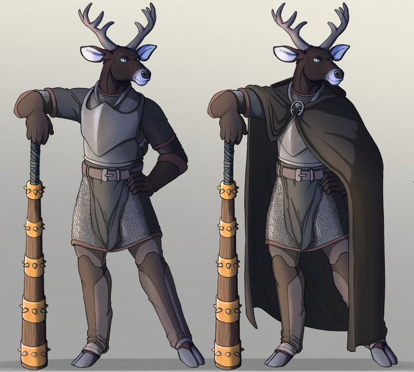 5_fingers anthro antlers armor barefoot belt biped black_nose blue_eyes bottomwear breastplate brown_body brown_ears brown_fur chainmail cloak clothed clothing cloven_hooves club_(weapon) feet fingers fully_clothed fur gloves gradient_background grey_background hand_on_hip handwear hooves horn leg_wraps looking_aside looking_away male melee_weapon simple_background smile solo standing unguligrade weapon white_body white_fur white_inner_ear wraps thehades kyran_vauntir deer mammal digital_media_(artwork) hi_res