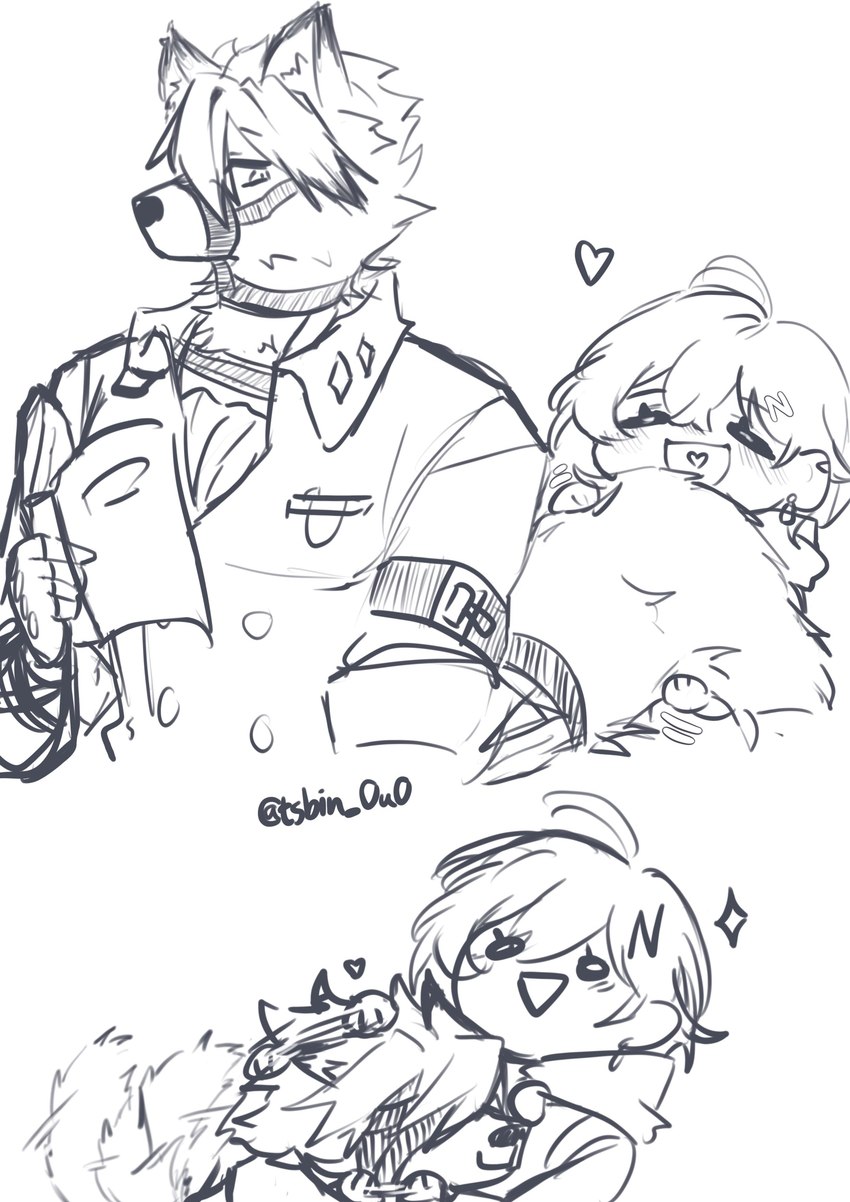 anthro belt book clothing duo female headpat heart_symbol male male/female petting romantic romantic_couple simple_background tsbin_ouo mihoyo zenless_zone_zero belle_(zenless_zone_zero) von_lycaon canid canine canis mammal wolf absurd_res hi_res sketch