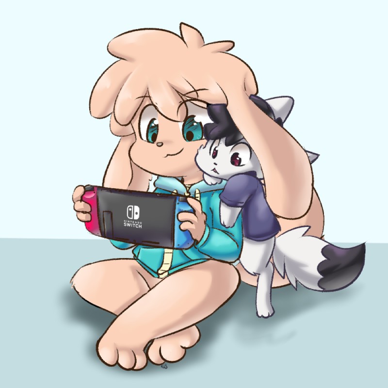 anthro black_nose blue_eyes clothed clothing duo electronics fur game_console hair male open_mouth red_eyes simple_background smile sweater topwear earthb-kun nintendo nintendo_switch earth_fox canid canine canis domestic_dog fennec_fox fox mammal true_fox 1:1 2017 digital_media_(artwork)