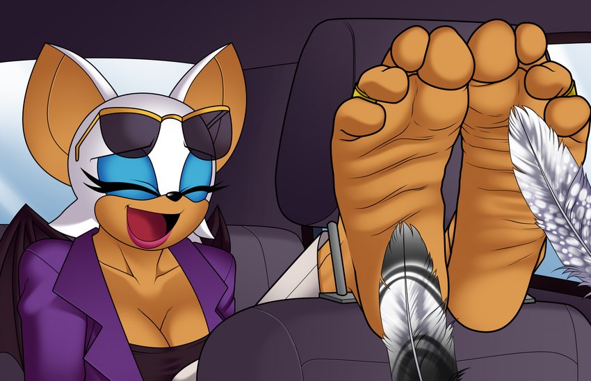 anthro bat_wings blue_eyeshadow breasts car car_seat cleavage clothed clothing digit_ring eyeshadow eyewear eyewear_on_head feathers feet female foot_fetish foot_focus inside_car inside_vehicle jewelry laugh makeup membrane_(anatomy) membranous_wings open_mouth ring sunglasses sunglasses_on_head tickling tickling_feet toe_ring toes vehicle wings cyborg-steve sega sonic_the_hedgehog_(series) the_murder_of_sonic_the_hedgehog rouge_the_bat bat mammal hi_res