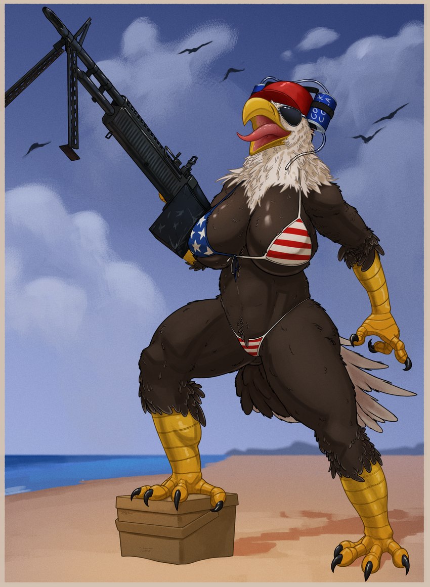 4_toes american_flag american_flag_bikini anisodactyl anthro avian_feet beach beak beverage big_breasts bikini bikini_thong bikini_top biped black_claws bottomwear breasts claws cleavage clothed clothing cloud curvy_figure day detailed_background digitigrade eyewear feathers feet female finger_claws flag_bikini fully_clothed gun holding_object hourglass_figure light midriff nipples non-mammal_breasts non-mammal_nipples open_beak open_mouth outside pink_tongue pose ranged_weapon sand scuted_arms scuted_hands scutes sea seaside skimpy sky smile soda solo sunglasses sunlight swimwear talons text thick_thighs toe_claws toes tongue tongue_out topwear two-piece_swimsuit united_states_of_america water weapon wide_hips yellow_beak tall_lizzard_(artist) american_eagle accipitrid accipitriform ambient_seagull avian bald_eagle bird eagle gull lari larid sea_eagle 2023 digital_media_(artwork) hi_res lighting pinup shaded