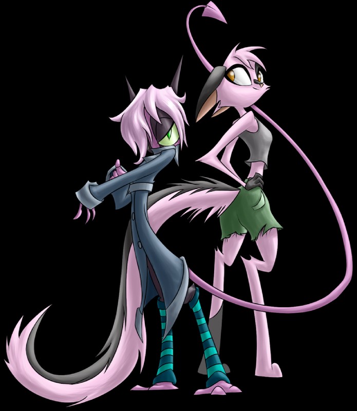 anthro clothed clothing digitigrade duo female fur green_eyes hair horn legwear long_coat long_tail markings pink_body pink_fur pink_hair pupils shirt simple_background slit_pupils spade_tail stockings striped_markings striped_tail stripes tail tail_markings tank_top topwear transparent_background david_lillie skorpionletun dreamkeepers namah_calah viriathus_vayu mammal 2013 alpha_channel digital_media_(artwork) hi_res