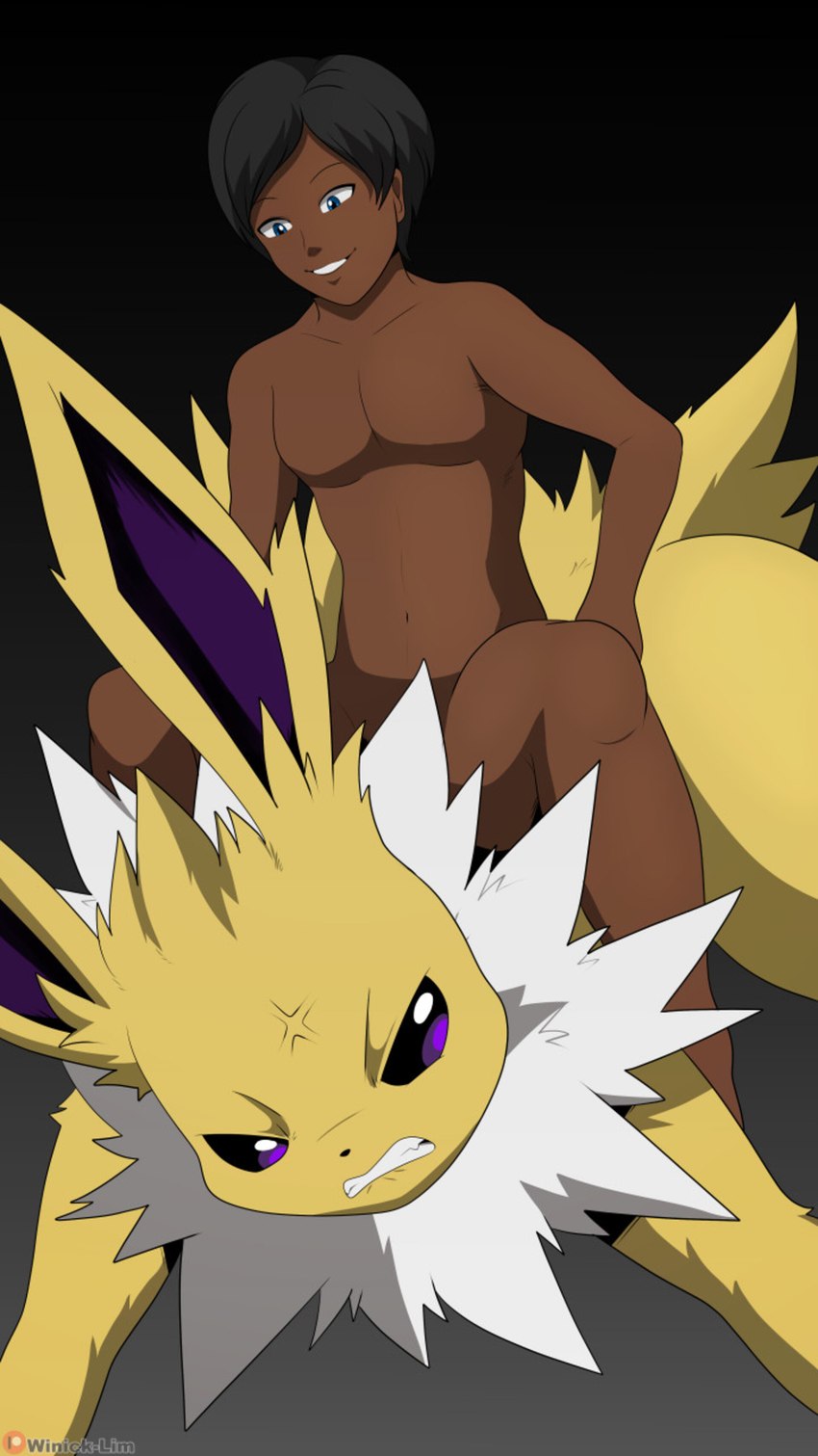 ambiguous_gender bronco bucking duo feral genitals male male/ambiguous mount/rider_relations nude penis riding riding_on_back rodeo rodeoplay trainer winick-lim nintendo pokemon jordanbros1 eeveelution generation_1_pokemon human jolteon mammal pokemon_(species) absurd_res hi_res