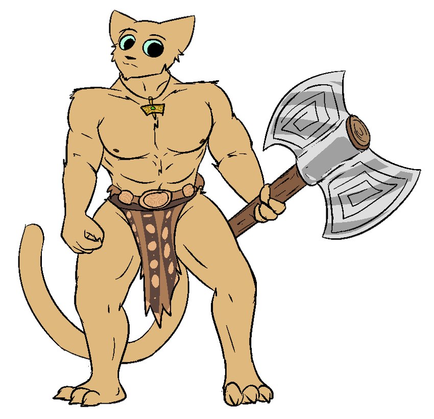 3_toes 4_fingers abs amulet_of_talos anthro areola arm_tuft axe barazoku barbarian battle_axe beard biceps big_muscles big_pupils biped black_eyebrows black_eyes black_nose bottomwear brown_areola brown_arms brown_beard brown_body brown_bottomwear brown_clothing brown_ears brown_face brown_facial_hair brown_fingers brown_fur brown_loincloth brown_nipples brown_tail brown_toes brown_tuft cheek_tuft claws clothed clothed_anthro clothed_male clothing collarbone dark_areola dark_bottomwear dark_clothing dark_eyes dark_loincloth dark_nipples dark_pupils double_bitted_axe elbow_tuft eyebrows facial_hair facial_tuft feet finger_claws fingers fur green_sclera holding_axe holding_battle_axe holding_melee_weapon holding_object holding_weapon humanoid_feet humanoid_hands jewelry labrys light_body light_bottomwear light_clothing light_fur loincloth loincloth_only long_tail looking_at_viewer male male_anthro manly melee_weapon monotone_arms monotone_beard monotone_body monotone_face monotone_fur monotone_legs mouth_closed multicolored_bottomwear multicolored_clothing multicolored_loincloth muscular muscular_anthro muscular_male necklace nipples pecs pendant plantigrade pointy_ears prick_ears pupils quads raised_eyebrows short_beard shoulder_tuft simple_background small_areola small_nipples small_nose solo standing tail thin_eyebrows toe_claws toes topless tribal tuft weapon white_background sicklr microsoft prequel_adventure the_elder_scrolls fan_character domestic_cat felid feline felis khajiit mammal 2021 colored digital_drawing_(artwork) digital_media_(artwork) flat_colors