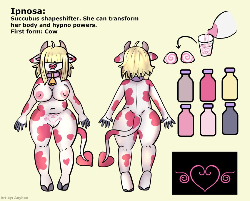 anthro blonde_hair bodily_fluids breast_milking breasts butt cowbell female genitals glass_of_milk hair hair_over_eyes hypnosis lactating milk mind_control pussy simple_background smile solo spade_tail tail tattoo text anykoe fan_character ipnosa_(dial_liyon) bovid bovine demon mammal english_text hi_res model_sheet signature