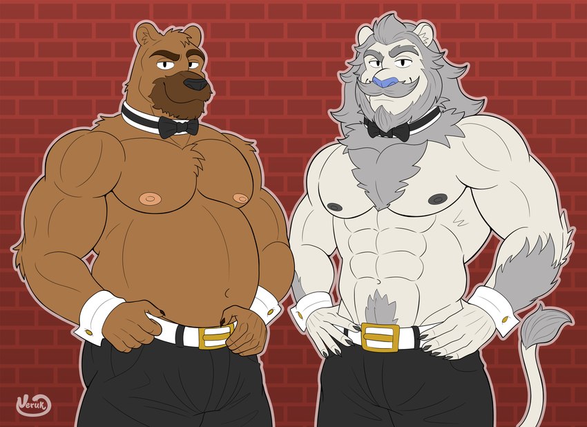 abs anthro arm_hair barazoku beard belly belt biceps big_arms big_belly big_muscles black_bottomwear black_clothing black_nipples black_nose black_pants blue_nose body_hair bottomwear bow_tie brick_wall brown_body brown_fur chest_hair chest_tuft claws clothing collar duo facial_hair fur grey_body grey_fur hand_on_belt hands_on_hips looking_at_viewer male male/male mane musclegut muscular muscular_male mustache nipples obliques pants pecs pink_nipples pubes pubes_exposed serratus shirt_cuffs simple_background standing stripper_clothes striptease tail triceps tuft wall_(structure) white_body white_fur neruk chippendales bear felid feline lion mammal pantherine absurd_res flat_colors half-length_portrait hi_res portrait