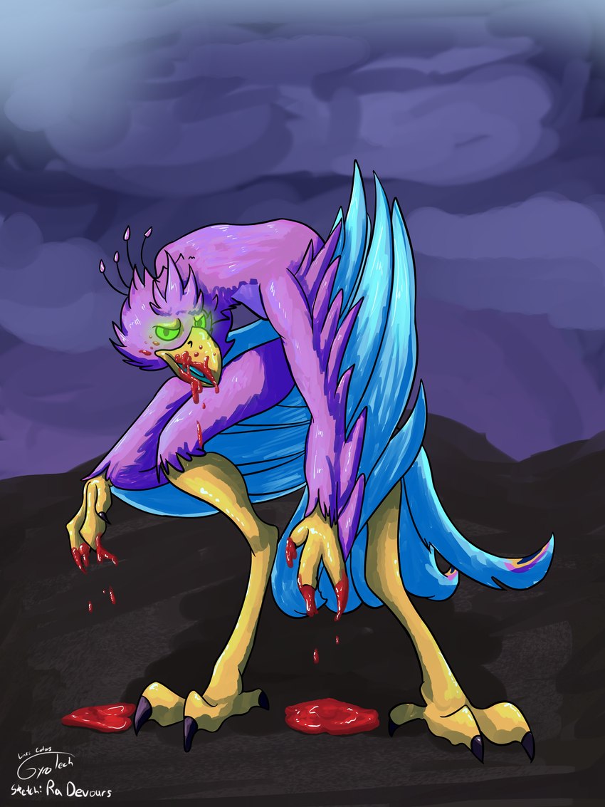 anthro avian_feet beak biped blood blue_body bodily_fluids feathered_crest feathered_wings feathers glowing glowing_eyes green_eyes head_crest male pink_body tail tail_feathers winged_arms wings gyrotech ra_devours gyro_feather avian bird galliform peafowl phasianid wereavian werebird werecreature 3:4 absurd_res hi_res