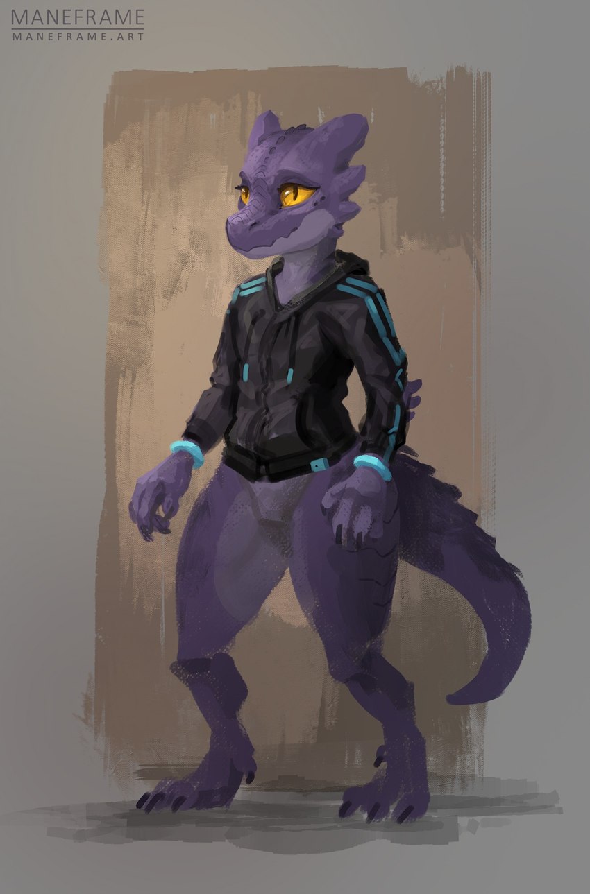 4_toes amber_eyes ambiguous_gender anthro barefoot bottomless clothed clothing featureless_crotch feet hoodie purple_body purple_scales scales solo standing toes topwear maneframe nil kobold scalie hi_res