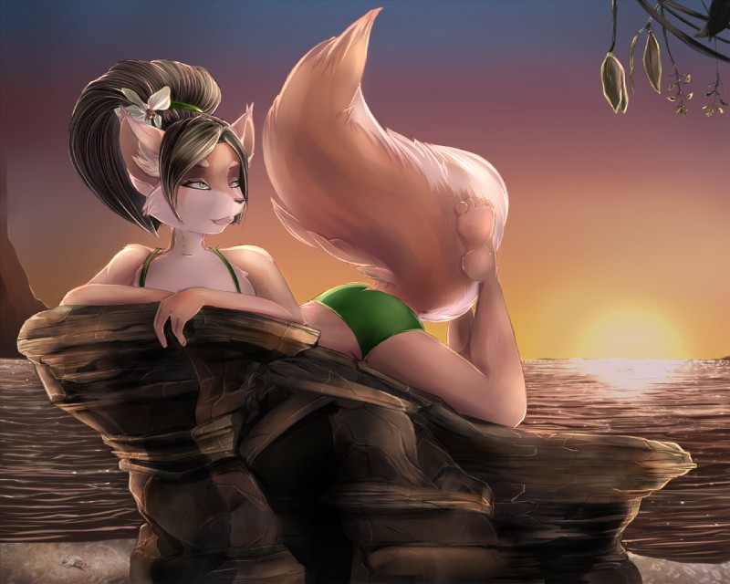 accessory anthro beach brown_hair butt clothing detailed_background female flower flower_in_hair green_eyes hair hair_accessory outside plant sand seaside sky solo sunset swimwear tail water coffinberry cornelius_(commissioner) ninu_kenage canid canine fox mammal 5:4