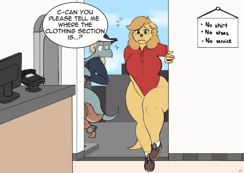 anthro big_breasts blush bottomless breasts clothed clothing dialogue embarrassed female group hand_thong male public text thick_thighs wide_hips digitalpelican amelia_steelheart piko_(simplifypm) pseftis_savra canid canine canis domestic_dog kobold mammal scalie 2020 english_text hi_res