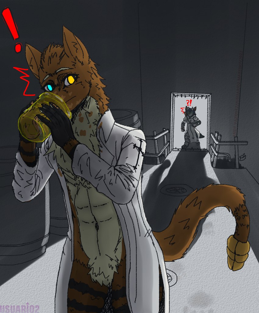 abs anthro armor barrel beaker blue_eyes chest_tuft clothed clothed_anthro clothing coat cross duo eating eating_food featureless_crotch fence food fully_clothed fully_clothed_anthro glowing glowing_eyes heterochromia lab_coat laboratory_equipment laboratory_glassware male messy_fur neck_tuft partially_clothed peanut_butter pupils scientific_instrument simple_background slit_pupils topwear tuft white_clothing yellow_eyes usuario2 byond fallout microsoft johnny_deserador ambiguous_species hybrid night_stalker_(fallout) hi_res