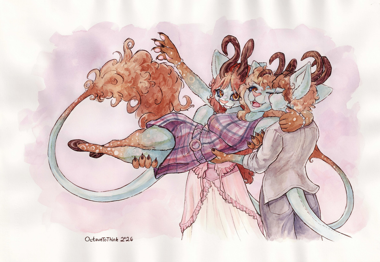 anthro belt big_breasts blue_body bottomwear bracelet breasts brown_body brown_hair claws clothing collared_shirt curly_hair dark_sclera dress dress_shirt fangs female female/female grey_clothing group hair holding_another hooves horn jewelry kissing kissing_cheek long_hair looking_at_another lying markings on_side pants pattern_clothing pawpads paws pink_clothing plaid plaid_clothing purple_clothing raised_hand selfcest shirt short_hair spots spotted_markings square_crossover standing tail tail_tuft teeth tomboy topwear trio tuft wood yellow_eyes conditional_dnp octavetothink shelce_(octavetothink) hybrid unknown_species 2026 absurd_res hi_res painting_(artwork) traditional_media_(artwork) traditional_painting_(artwork) traditional_watercolor_(artwork) watercolor_(artwork)