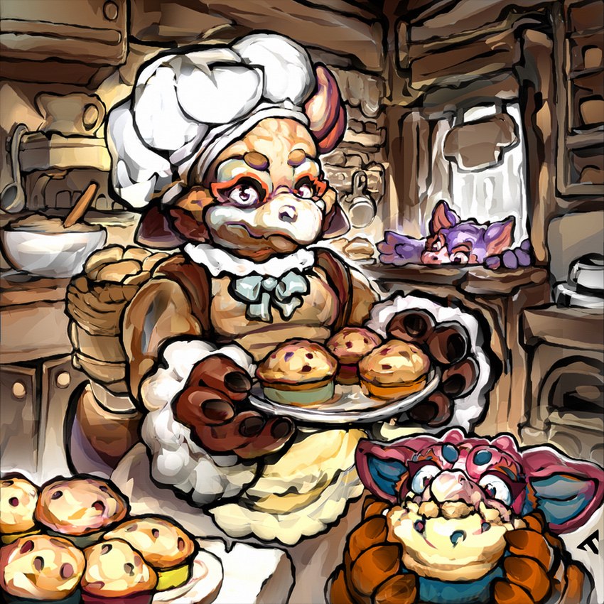 ambiguous_gender anthro apron baking bow_ribbon chef_hat claws clothing collar cooking eating female food group hat headgear headwear horn kitchen muffin pastry stealing trio heavyrivet kobold scalie 1:1