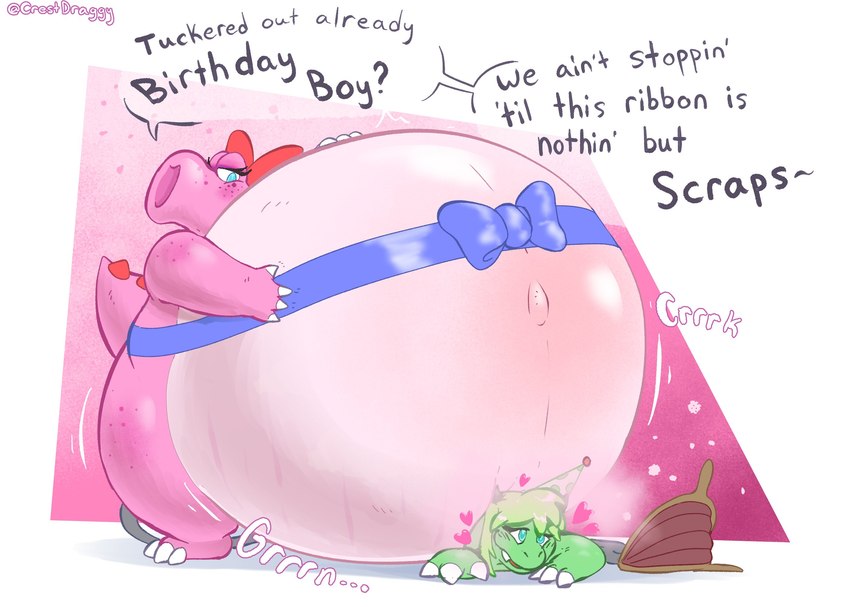 air_inflation bellows belly belly_blush belly_inflation big_belly blue_bow blue_eyes blush body_blush close_to_bursting creaking dialogue glistening glistening_belly greenbody hand_on_belly heart_symbol horn hose hose_in_butt hose_inflation huge_belly hyper hyper_belly hyper_inflation implied_popping inflation motion_lines onomatopoeia pink_body red_bow shadow sound_effects text twitter_handle crestdraggy mario_bros mythology nintendo birdo_(character) crestdraggy_(character) birdo dragon mythological_creature mythological_scalie reptile scalie 2024 7:5 artist_name english_text hi_res