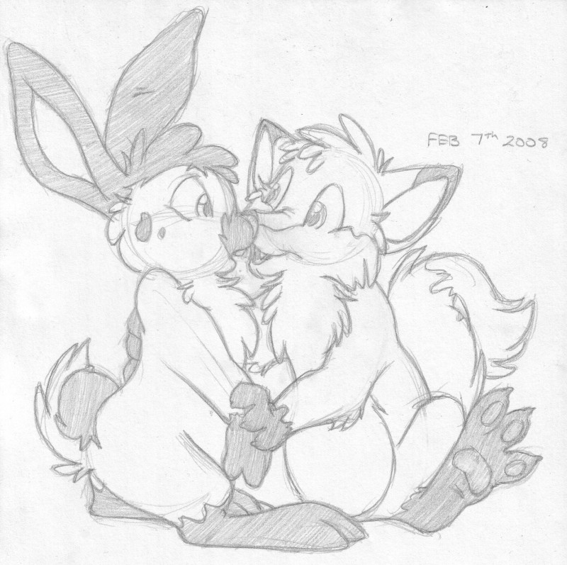 arm_grab buckteeth cute_fangs dialogue duo eye_contact fangs heart_symbol hug imminent_kiss looking_at_another male male/male nude open_mouth pawpads semi-anthro side_view sitting standing teeth mizzyam caribbean_fox_(character) spotted_bunny canid canine fox mammal 2008 absurd_res graphite_(artwork) greyscale hi_res monochrome traditional_media_(artwork)