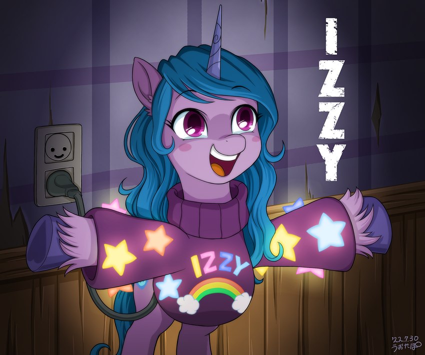 blue_hair blue_tail blush clothing female feral fur glowing hair happy hooves horn inside lights open_mouth open_smile purple_body purple_eyes purple_fur smile solo sweater tail topwear uotapo disney gravity_falls hasbro mlp_g5 my_little_pony mythology izzy_moonbow_(mlp) equid equine mammal mythological_creature mythological_equine unicorn 2022 digital_media_(artwork)